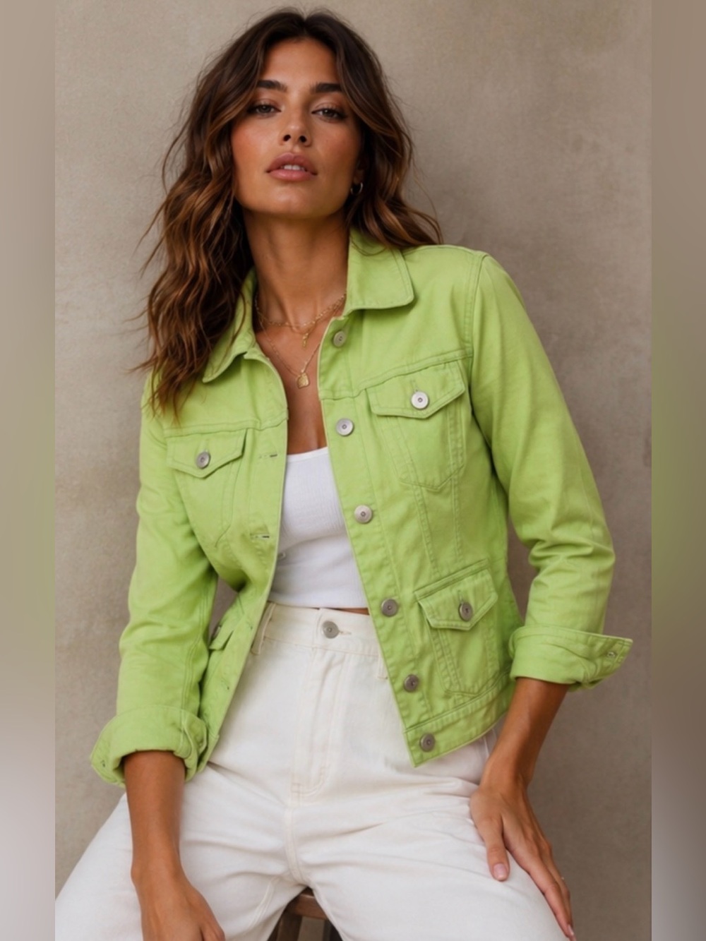 NWOT Lime Green Denim Jacket  | Petite Large | Utility Style | Statement Piece